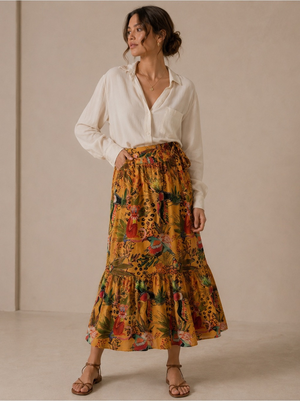 Rachel Zoe Tropical Animal Print Tiered Midi Skirt Mustard Yellow Size Small